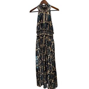 MELLODAY Halter Neck Maxi Dress Smocked Collar Waist Geometric Print